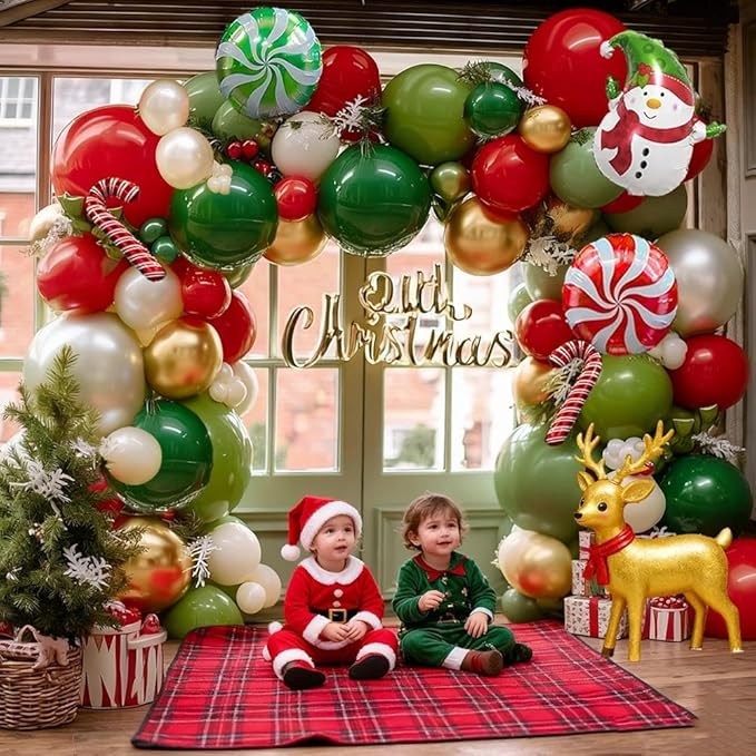 Christmas Balloon Arch Kit, Double Stuffed Sage Green Red White Gold Pearl Balloon Garland Cane Santa Claus Balloons for Xmas Christmas Holiday New Year Birthday Party Decorations