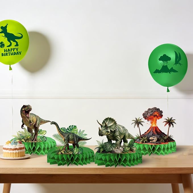 Dinosaur Birthday Decorations – Plates, Cups, Napkins, Cutlery, Hanging Swirls, Toppers, Banner, Tablecloths, Balloons, Honeycomb Centerpieces for Three Rex Dinosaur Party Decorations, Serves 20