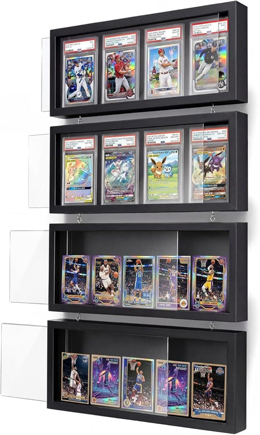 Yinkin Graded Sports Card Display Frame, 4 Pack Psa Trading Card Display Case Wall Mount, UV Protection Wood Baseball Basketball Football Hockey Cards Shelf with Clear View for Collection, Black