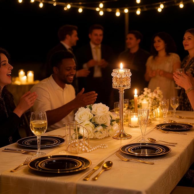BESTVIP 100PCS Black Plastic Plate with Gold Rim, Disposable Party Plates with 50 Dinner Plates and 50 Dessert Plates, Plastic Plates for Party, Wedding and Birthday