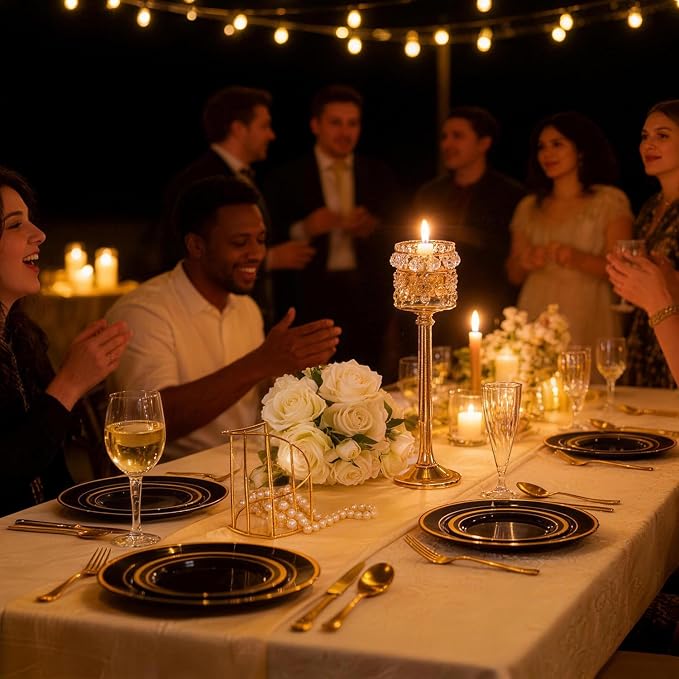 BESTVIP 200PCS Black Plastic Plate with Gold Rim, Disposable Party Plates with 100 Dinner Plates and 100 Dessert Plates, Plastic Plates for Party, Wedding and Birthday