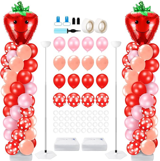 Kasyat 2 Set Strawberry Party Balloon Column Stand Kit Strawberry Red and Pink Foil Balloons Arch Garland Kit for Berry Sweet First Theme Baby Shower Birthday Party Decorations