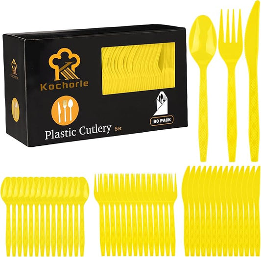 Kochorie 90 Pieces Yellow Plastic Cutlery Set Disposable Plastic Utensils Heavy Duty Flatware Set Includes 30 Knives 30 Forks 30 Spoons for Birthday Wedding Party, Picnic