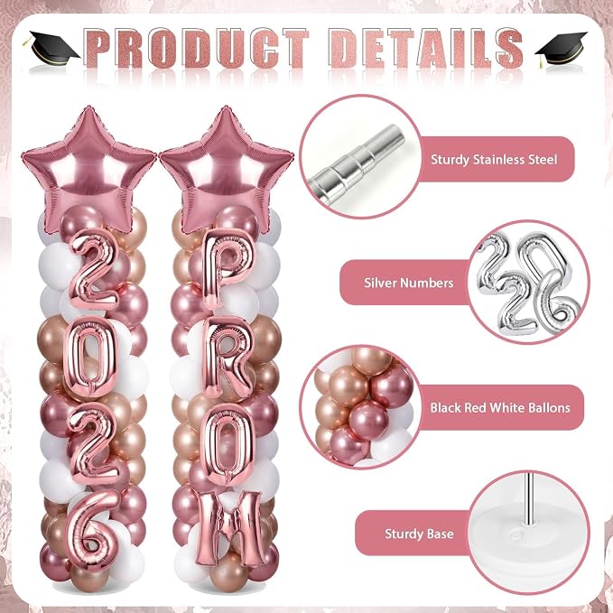 2 Sets Graduation Balloon Column Stand Kits with 132 PCS Rose Champagne Gold Latex Balloons 2026 Letters 6.5 Ft Adjustable Metal Tube Telescopic Tower Pillar with Base for Graduation Party Decoration