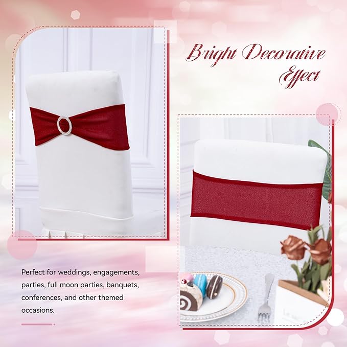 SquarePie Pack of 10 Red Chair Sashes Bows with Buckle Slider Universal Elastic Spandex Bands Ties for Banquet Event Decor