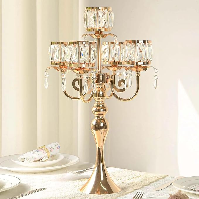 2 Pcs Kehail Gold 5 Arm Pendant Square Crystal Table Decor 22 inch Candle Holder, Classic and Elegant Table Centerpiece Atmosphere Candle Holders for Gift Wedding Party Home Decor