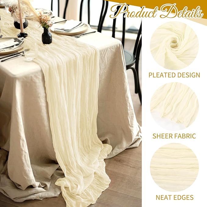 10 Pack Ivory Cheesecloth Table Runner 17x108 Inch Semi Sheer Boho Gauze Cheese Cloth Table Runners, for Wedding Bridal Shower Birthday Party Home Decor Garden Farmhouse