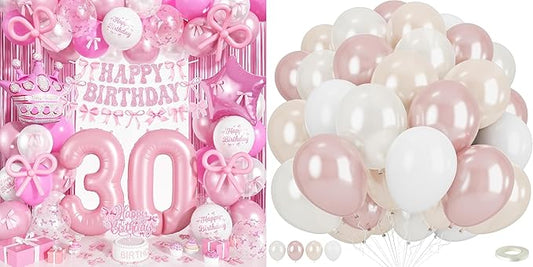 30th Pink Bow Birthday Decorations for Girls with Pearl Pink and White Balloons Set for Women Coquette Party Decor Includes Foil Number Balloons Bows Banner Fringe Curtain Double Stuffed Latex Balloon