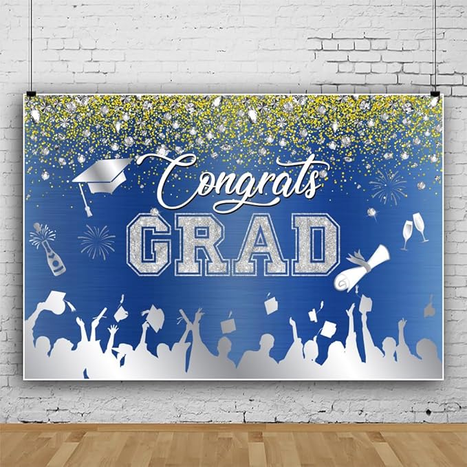 Leowefowa Congrats Grad Backdrop 5x3ft Blue Silver Gold Glitter Graduation Backdrops for Photography Congratulations Graduates Backdrop Banner Grad Prom Party Decor Grad Photo Booth Props
