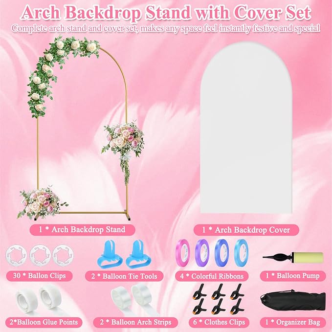 Jupwalz Arch Backdrop Stand and Cover Set, Metal Arch Stand with Rich Balloon Tool for Wedding Birthday Baby Shower Graduation Event Balloon Flowers Decor, Easy to Assemble (7.2FT, White)