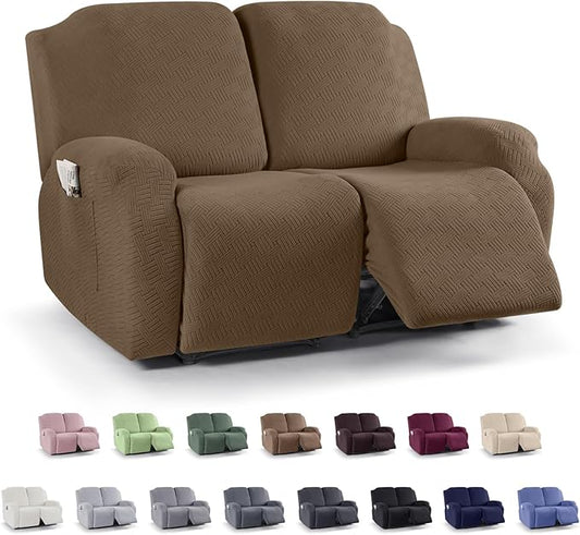 KinCam Recliner Covers, Stretch Reclining Chair Covers, Recliner Sofa Slipcovers Stripe Jacquard Recliner Couch Covers Furniture Protector Covers for Pet Kid (2 Seater, Brown)