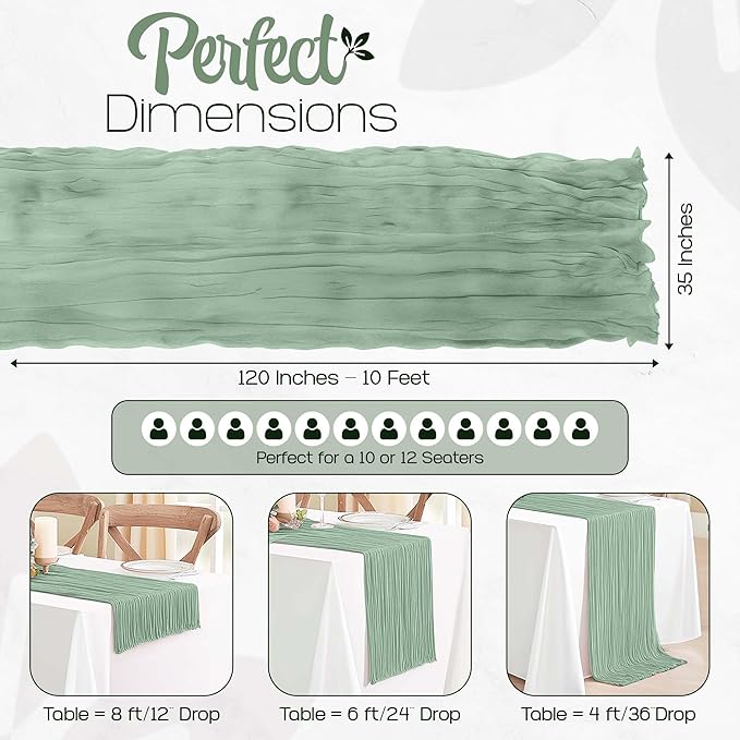 12 Pack Sage Green Cheesecloth Table Runners 10FT Long – 35 x 120 Inch Boho Gauze Table Runners for Engagement, Wedding, Baby Shower & Home Decor – Soft Wrinkled Polyester Fabric