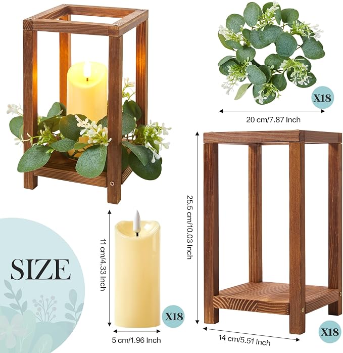 54 Pcs/18 Set Wooden Wedding Lantern Centerpiece, Wooden Centerpieces for Tables-with 18 Holders 18 Candles 18 Wreaths for Rustic Table Decoration Country Barn Wedding Party (Brown)