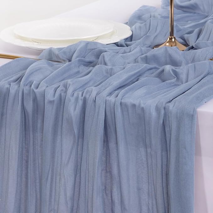 Socomi 10pcs Dusty Blue Valentine's Day Cheesecloth Table Runner Boho Rustic Gauze 120 inch 10FT Cheese Cloth Runner for Wedding Party Baby Shower Birthday Home Decor Holiday Decorations