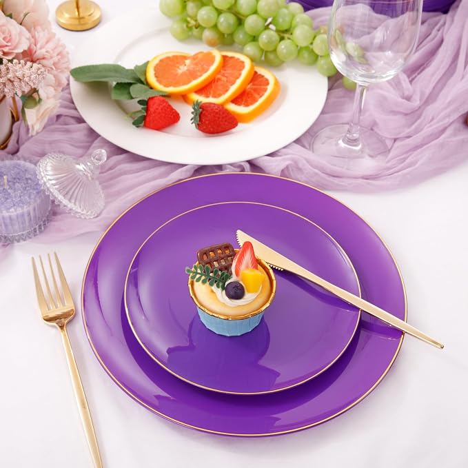 PULOTE 100PCS Purple Plastic Plates - Purple and Gold Disposable Include 50 Each (10.25 Inch Dinner & 7.5 Inch Dessert) Plates, Ideal for Party