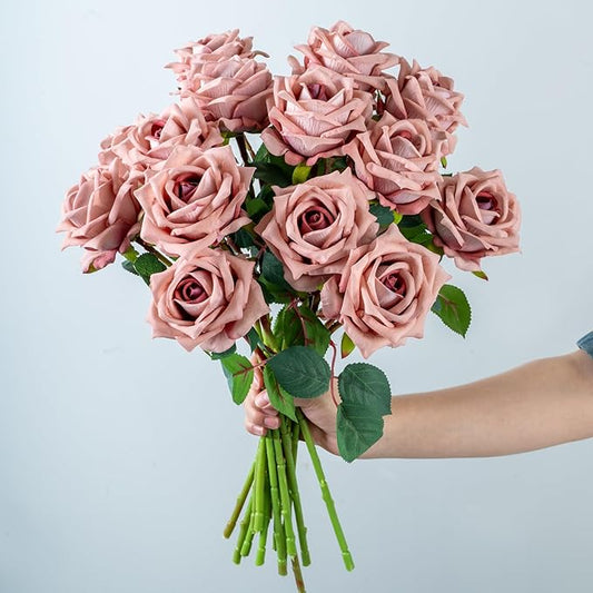 Ttranewsoo Fake Roses Faux Flowers Silk Roses 16.5in Artificial Roses with Stems Realistic Artificial Flowers Suitable for Indoor Home Decor DIY Bouquet Wedding Decor Party Decor (Pink Purple,12PCS)