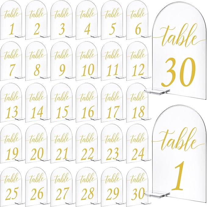 Vicenpal 4 x 6 Inch 30 Sets Acrylic Gold Table Numbers 1-30 Clear Table Signs Display Stand for Wedding Reception Event Party Centerpieces Decor