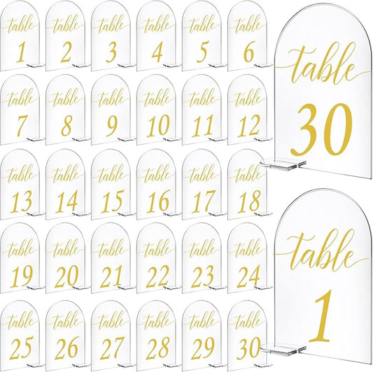 Vicenpal 4 x 6 Inch 30 Sets Acrylic Gold Table Numbers 1-30 Clear Table Signs Display Stand for Wedding Reception Event Party Centerpieces Decor