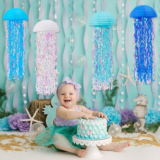 Mermaid Party Decorations, Jellyfish Paper Lanterns Blue White Hanging Lantern for Mermaid Birthday Party Baby Shower Under The Sea Ocean Blue Birthday Decorations Pack of 8
