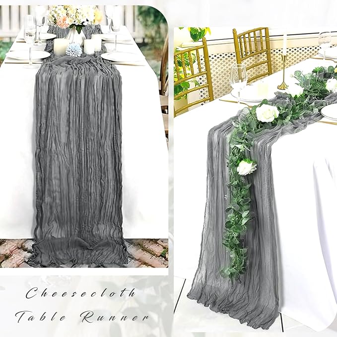 6 Pcs Gray 35 x 120 Inches Long Cheesecloth Table Runner 10FT Runner for Tables Gauze Fabric Boho Table Runner Decoration Rustic Semi Sheer Runner for Wedding Baby Shower Birthday Party (Gray)