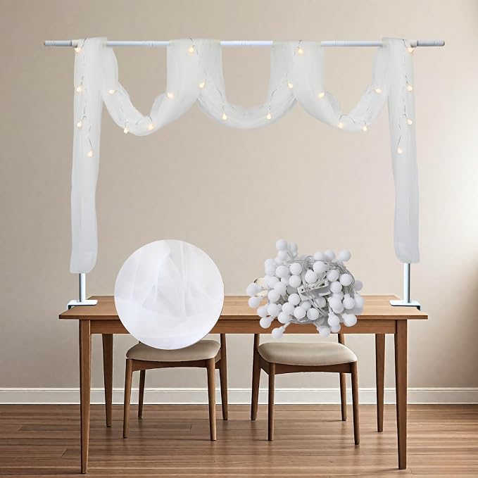 Beyeutao Table Rod Stand with Clamps H16-45’’ L16-87’’ Adjustable Over The Table Rod Stand with White Mesh Curtain Table Arch Balloon Arch Stand for Wedding Birthday Christmas Party