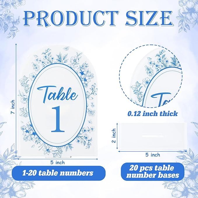 Blue Toile Themed Wedding Acrylic Table Number 1-20 with 20Pcs Stands, 5"x7" Blue Floral Place Card Centerpiece Decor Indoor Outdoor Wedding Bridal Shower Anniversary Party Reception