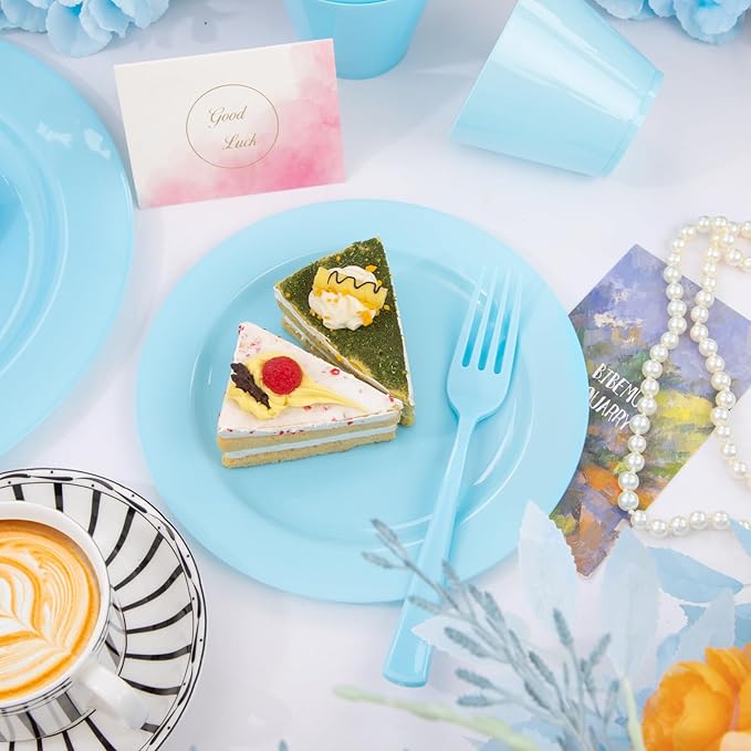 KIRE 150 Piece Blue Plastic Plates Disposable - Blue Dinnerware Set Includes 25 Dinner Plates, 25 Salad Plates, 25 Utensils Set 25 Clear Cups for Birthday/Picnic/Baby Shower/Easter/Spring