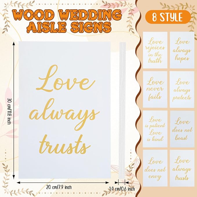 GlikCeil 8 Pcs Wedding Aisle Signs 11.8 x 7.9 Inch 1 Corinthians 13 Wooden Wedding Signs Love Is Patient Kind Rustic Wood Signage Bible Verses Wall Decor Gift (White，Gold)