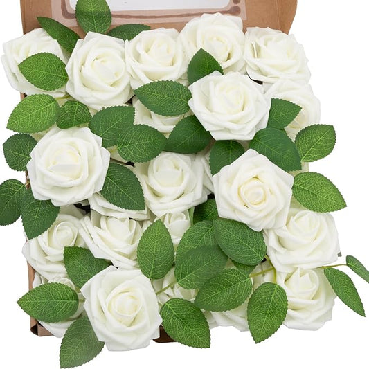 NONMON 100pcs Artificial Flowers White Roses for Decorations, Real Looking Fake Foam Roses Bulk with Stems Valentine's Day DIY Wedding Bouquets Bridal Shower Floral Arrangement Party Home Table Decor