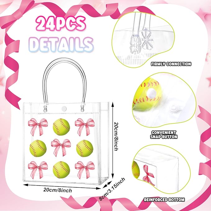 Teenyyou 24 Pcs Softball Clear Gift Bag with Handles Plastic Soft Ball Goodie Sport Theme Party Favor Team Treat Bag with Pink Bow for Birthday Team Snack, 8 x 8 x 3.15 Inches