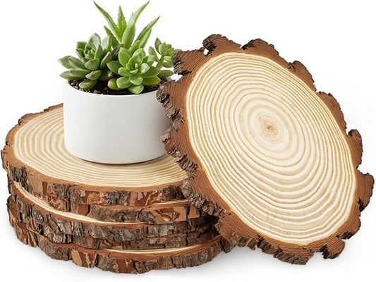 Large Unfinished Natural Wood Slices - 6 Pcs Natural Round Discs Rustic Wood Slices 9-9.8 Inch Wooden Tree Bark Discs for DIY Crafts Centerpieces Table Base Decoration Wedding Ornaments Coasters
