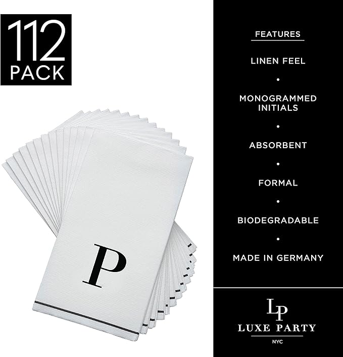 Luxe Party 112 Pack Monogram Napkins | Letter P Initial | Disposable | Premium Airlaid | Linen Feel | Decorative Table Setting | Guest Towel Napkin | White and Black