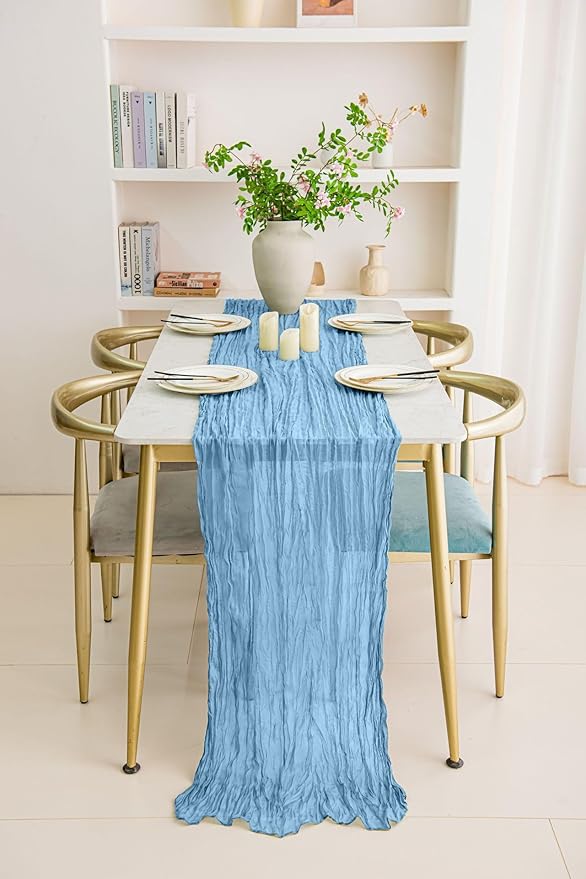 8 Pack 10Ft Table Runner 35x120 inch Baby Blue Boho Gauze Table Cheese Cloth Long Wrinkled Sheer Table Runner for Wedding Bridal Shower Birthday Party Table Decor