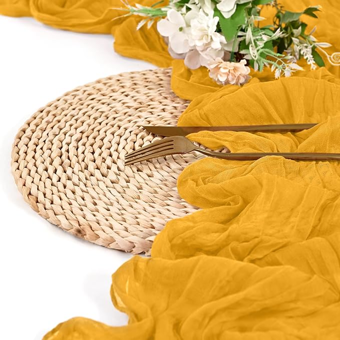 24 Pack Mustard Cheesecloth Table Runner 10FT Boho Gauze Cheese Cloth Table Runner Rustic Sheer Fabric Table Runners for Wedding Bridal Shower Baby Shower Party(21.5×120 Inch)