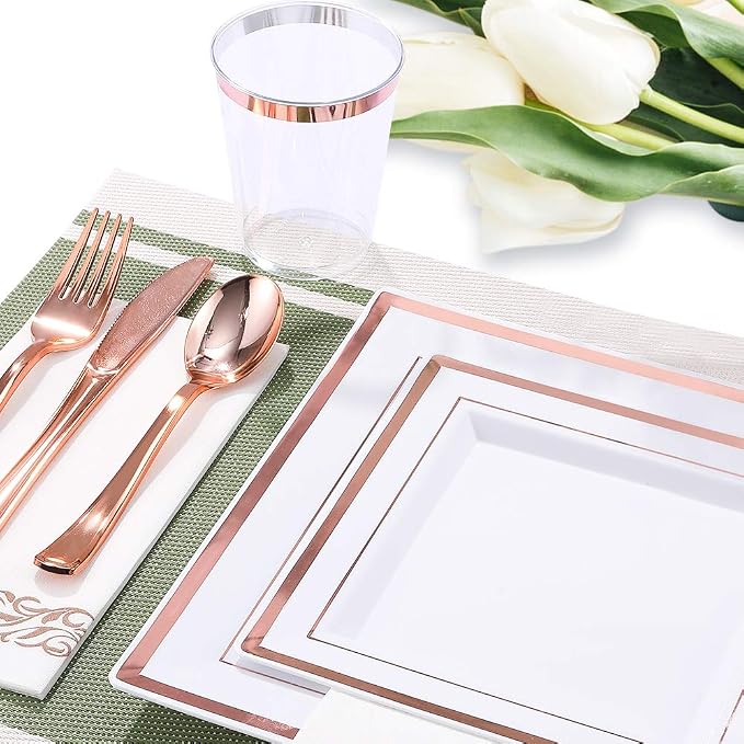 FOCUSLINE 175 Count Rose Gold Dinnerware Set for 25 Guests - Square Plastic Plates with Rose Gold Rim, Includes 25 Disposable Dinner & Dessert Plates, Napkins, Cups, Cutlery Set for Wedding Parties