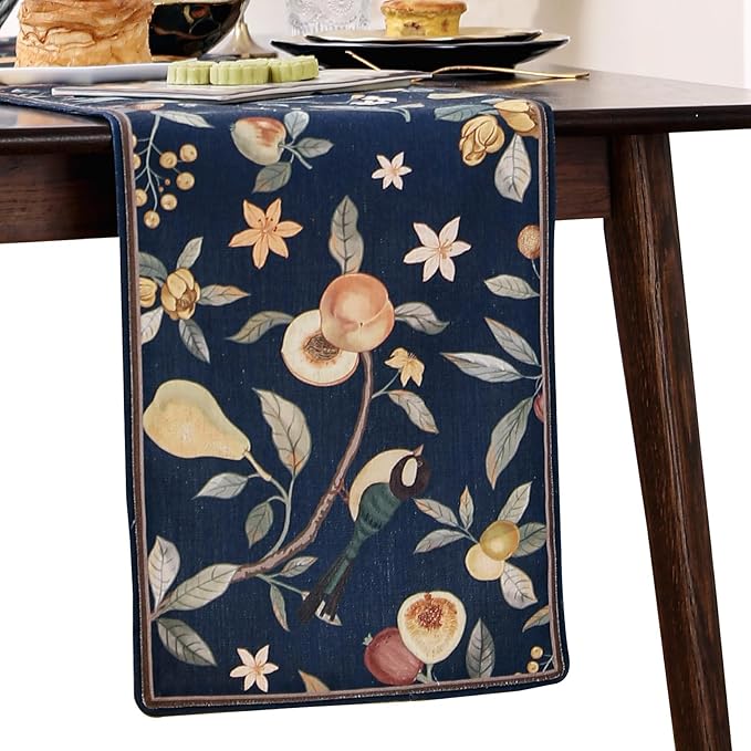 bilin gaier Linen Blue Table Runner 63 Inches Long,Wrinkle-Resistant Vintage Rustic Farmhouse Floral Table Runners,Decor Luxury Vintage Runner Table Cloth for Coffee & Dining Table,12"x63"-Dewey B