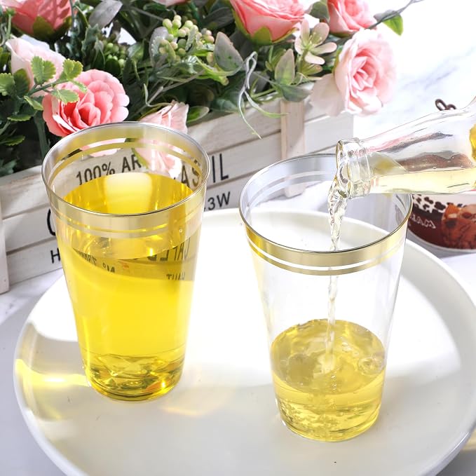 Sliner 50 Pcs Hard Plastic Cups Double Rimmed Plastic Cups Heavy Duty Fancy Wine Glasses for Holiday Christmas New Year Winter Birthday Party Supplies(16 Oz,Gold)