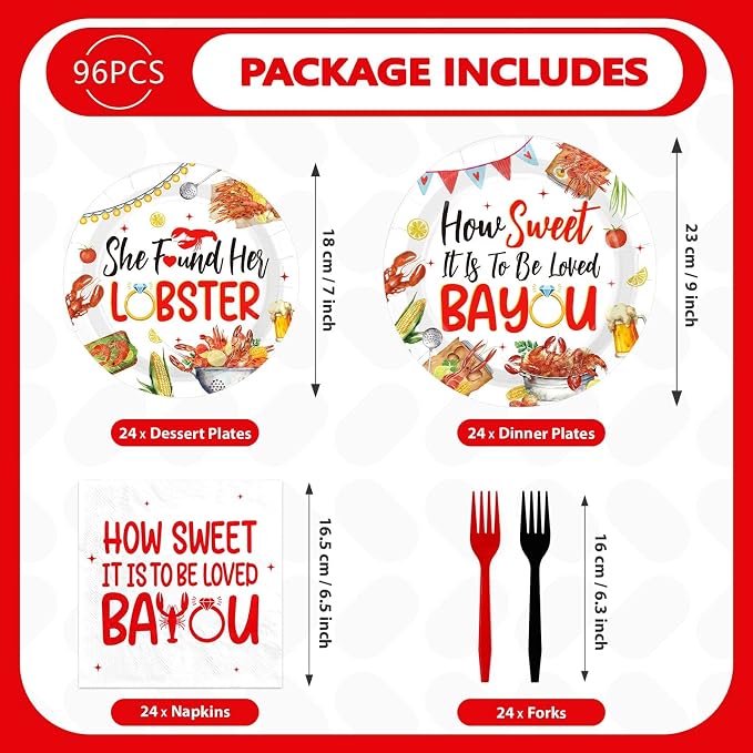 96 Pcs How Sweet It is to be Loved Bayou Party Decoration Louisiana Cajun Themed Plates and Napkins Crawfish Bridal Shower Tableware Set for Bachelorette Wedding Party Supplies, Serves 24