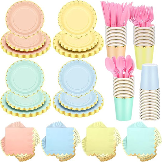 Yaomiao 336 Pcs Plates and Napkins Party Supplies Disposable Dinnerware Set Scalloped Plates Cups Napkin with Plastic Forks Knives Spoons Serve 48 Guests for Birthday Wedding (Rainbow,Classic)