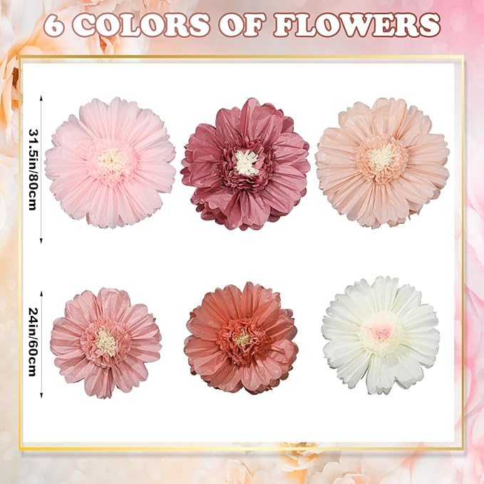 Giegxin 6 Pcs 31.5", 24" Pink Giant Paper Flower Boho Large Tissue Paper Flower for Wall Big Pink Pom Pom Floral Decorations for Wall Wedding Bridal Shower Baby Shower Tea Party Nursery Birthday Decor