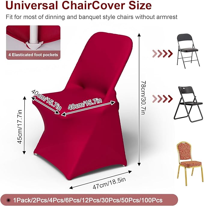 Trlyc Spandex Folding Chair Covers 100 Pcs Universal Fitted Stretchy Dining Chair Slipcovers for Wedding Party Banquet Flat-Front Chair Cover (Burgundy)