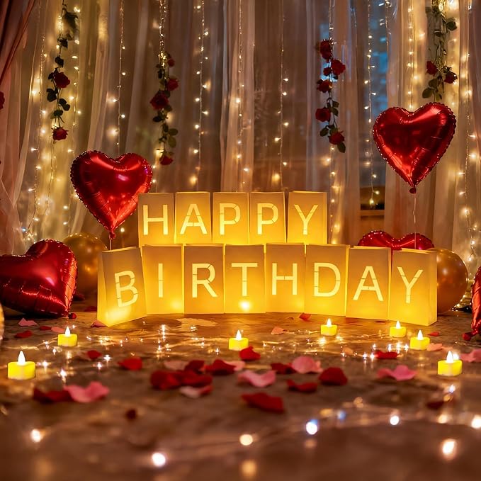 Happy Birthday Decorations for Women Men, Light Up Letters Luminary Bags with 30PC Bright LED Candles and 2000PC Fake Rose Petals, Surprise Birthday Party Banner Signs