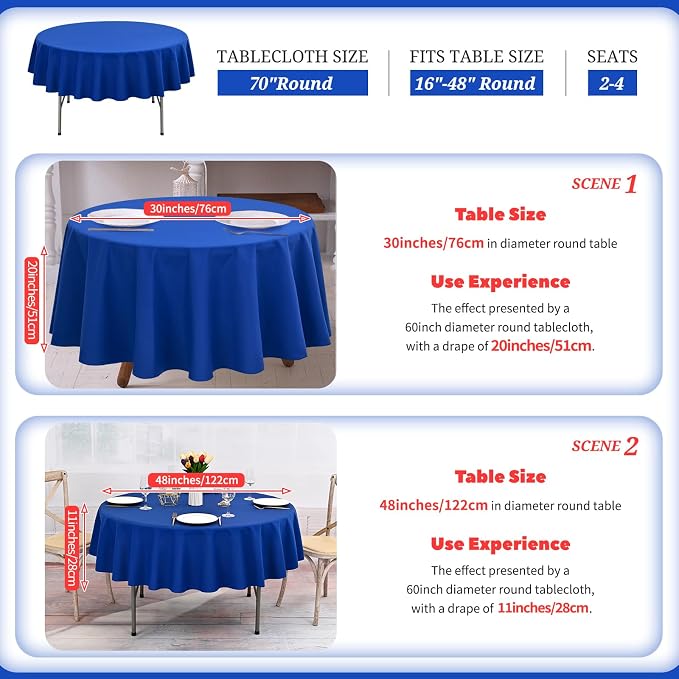 Showgeous 8 Pack Round Tablecloth 70 Inch Round Royal Blue Table Cloths Polyester Tablecloths for Round Tables Washable Decorative Fabric Table Covers for Wedding Dining Party Banquet Buffet