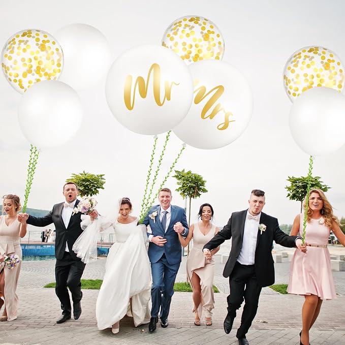 Wettarn 15 Pcs Giant Wedding Decor Kit 36 Inch Jumbo White Mr. Mrs. Balloons with Paper Tassel 24 Inch White Large Married Balloons with 65ft Leaf Ribbon for Wedding Engagement Party Decorations