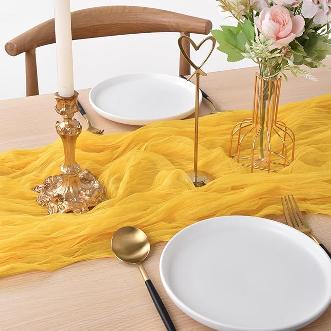 Joanlody Yellow Cheesecloth Table Runner Spring Summer 10Ft Rustic Gauze Boho Cheese Cloth Table Runner for Wedding Bridal Baby Shower Decoration