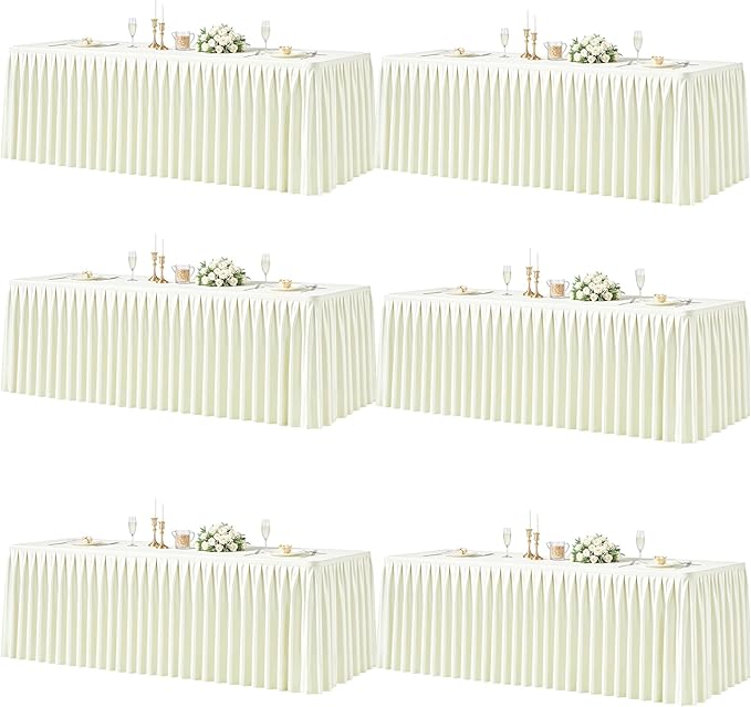 6 Packs Ivory Satin Tablecloths Rectangle 6FT, Glitter Fitted Stretch Table Covers Wrinkle-Free Floor Length Shimmer Table Skirt for Weddings Parties Baby Shower Banquets Vendor Events