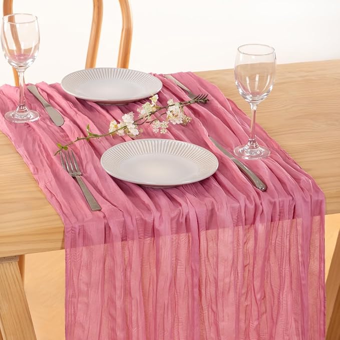 MLMC 3 Pack Mauve Pink Table Runner 10ft Sheer Gauze Spring Cheesecloth Table Runner Bulk Rustic Cheese Cloth Decor 35x120 Inches for Boho Wedding Bridal Baby Shower Birthday Party Decor
