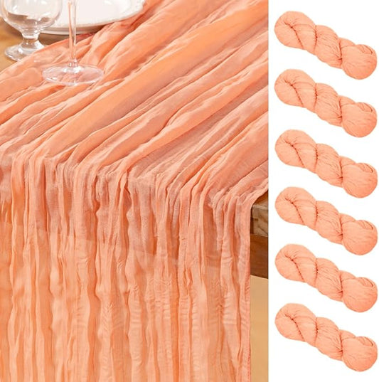 DeZerlor Peach Cheesecloth Table Runner 6 Pack Spring Easter Table Runners Boho Gauze 120 Inches Cheese Cloth Table Decor for Wedding Bridal Baby Shower Parties