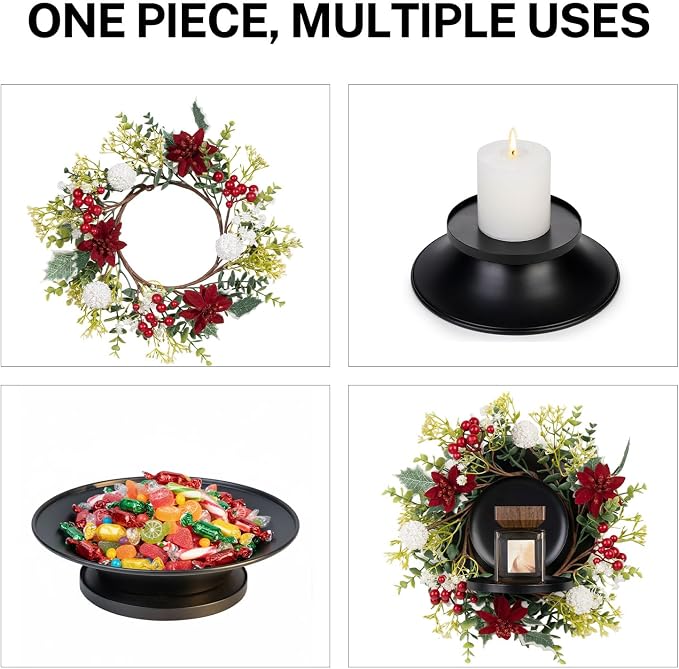 MOYEE Christmas Winter Centerpieces for Tables Candle Ring, Black Metal Candlestick with an Artificial Wreaths 14 in Versatile Dining Table Centerpiece Decor (White Ball Wreath)