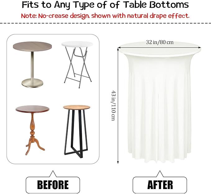 Kochorie 4 Pieces Cocktail Table Skirt 32 x 43 Inch Round Cocktail Tablecloths with Skirt Spandex Stretch Table Covers for Wedding Banquet High Top Tables Bar Party Decor (Ivory)